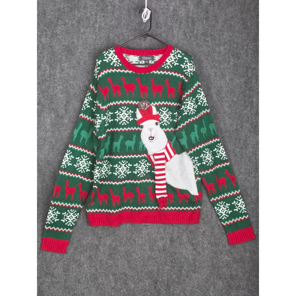 33 Degrees XXL Green Red Llama Ugly Christmas Sweater Women's Holiday‎ Knit Top